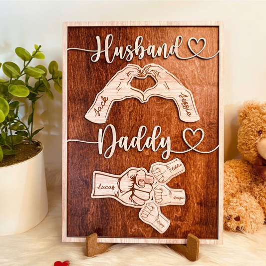 Personalized Dad Wooden Sign, Custom Kid's Name Wooden Sign, Fist Bump Husband Wood Sign, Father's Day 2025 Gift For Dad