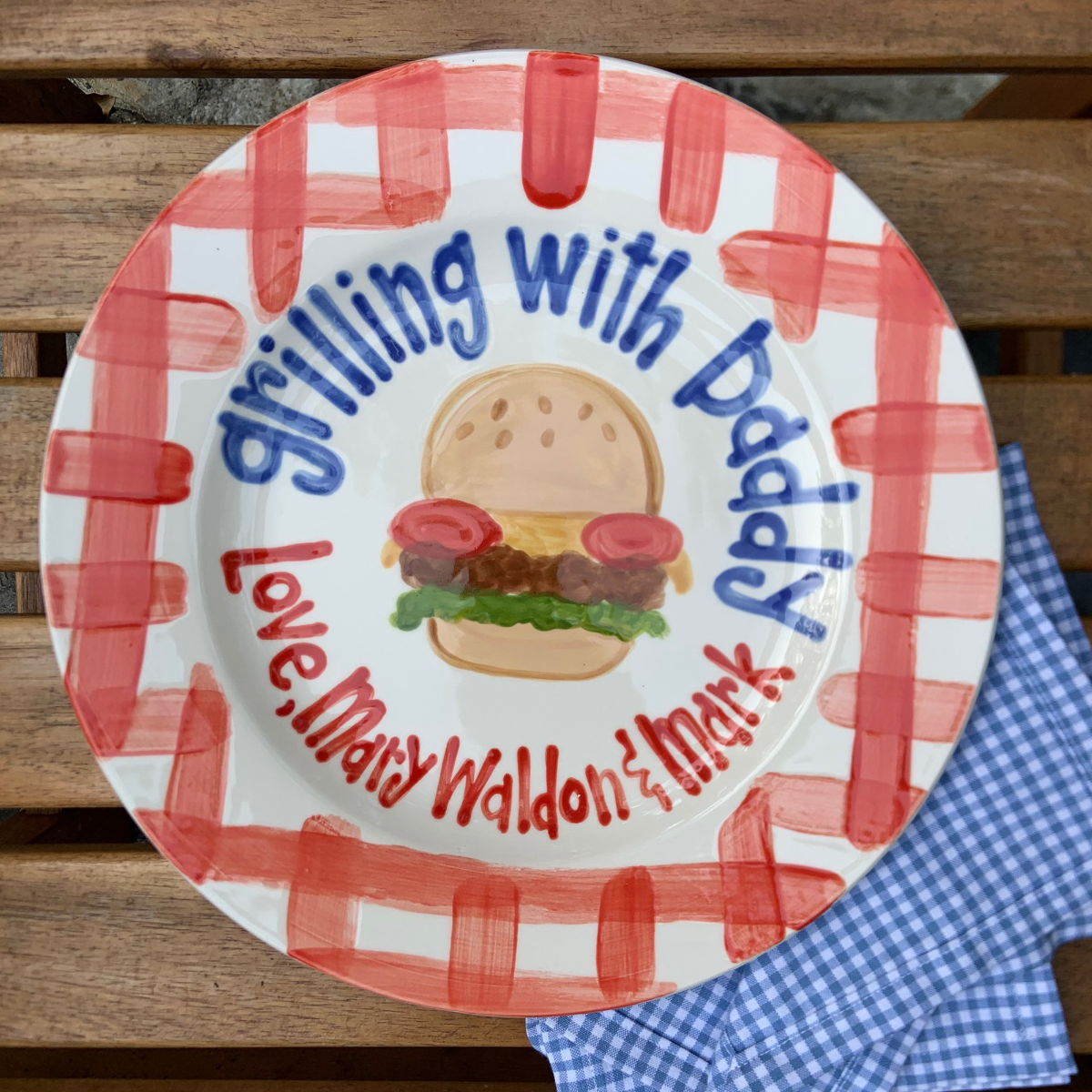 Grillin with Daddy Personalized Ceramic Plate, Custom BBQ Ceramic Cheesburger Plate with Kids Names for Father s Day Gift