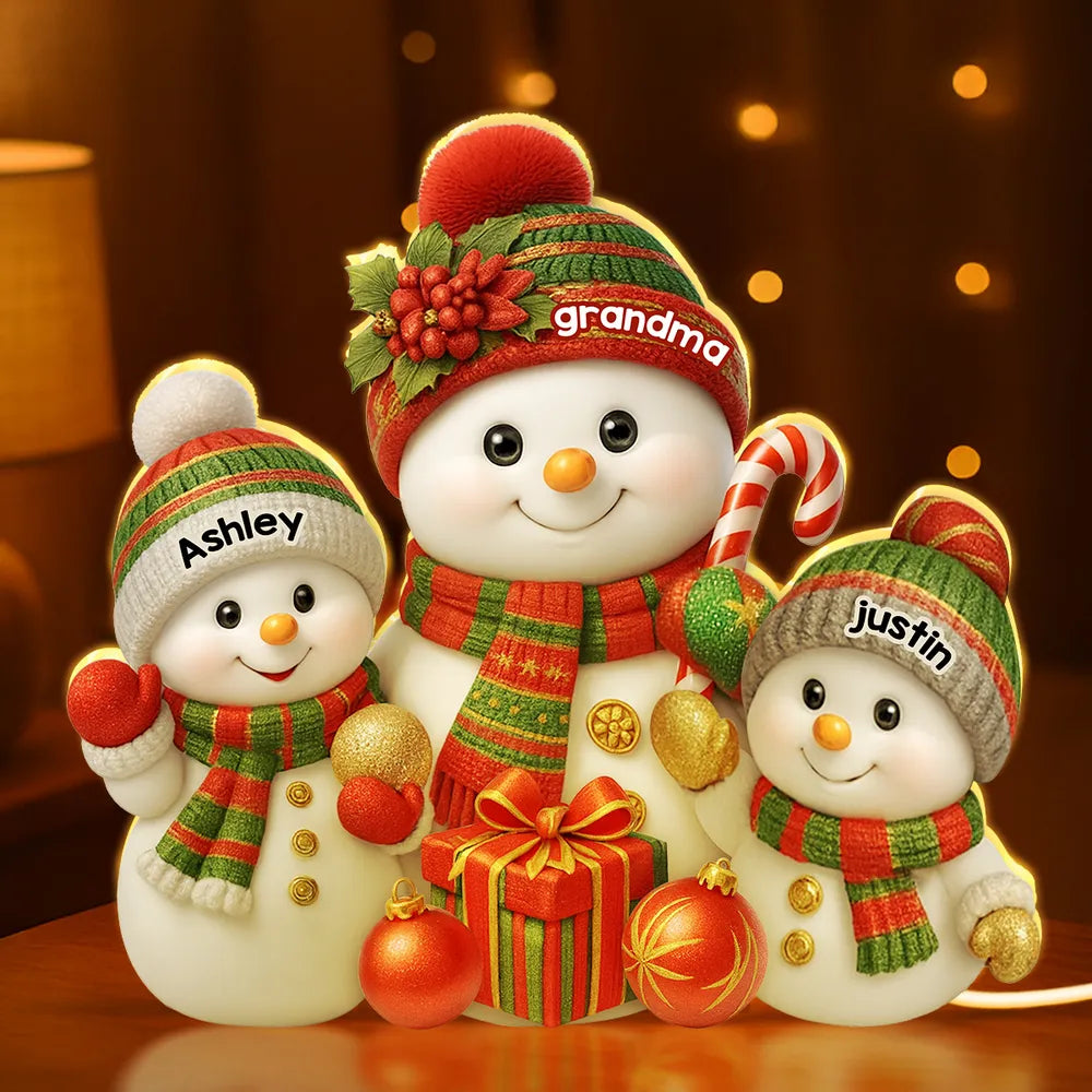 Festive Snowman Grandma & Grandkids - Personalized Acrylic Light Box - Christmas Gift for Mom, Grandma