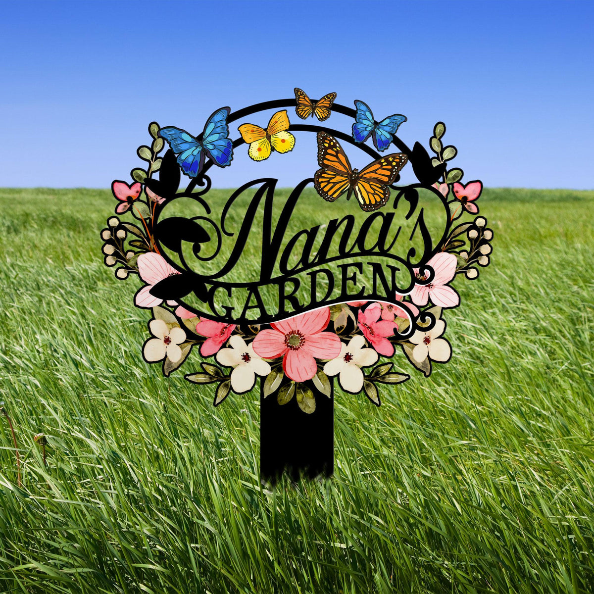 Personalized Nana's Garden Sign, Metal Garden Stake with Flowers and Butterflies, Outdoor Yard Decoration, Grandma Gift, Nana's Blessings