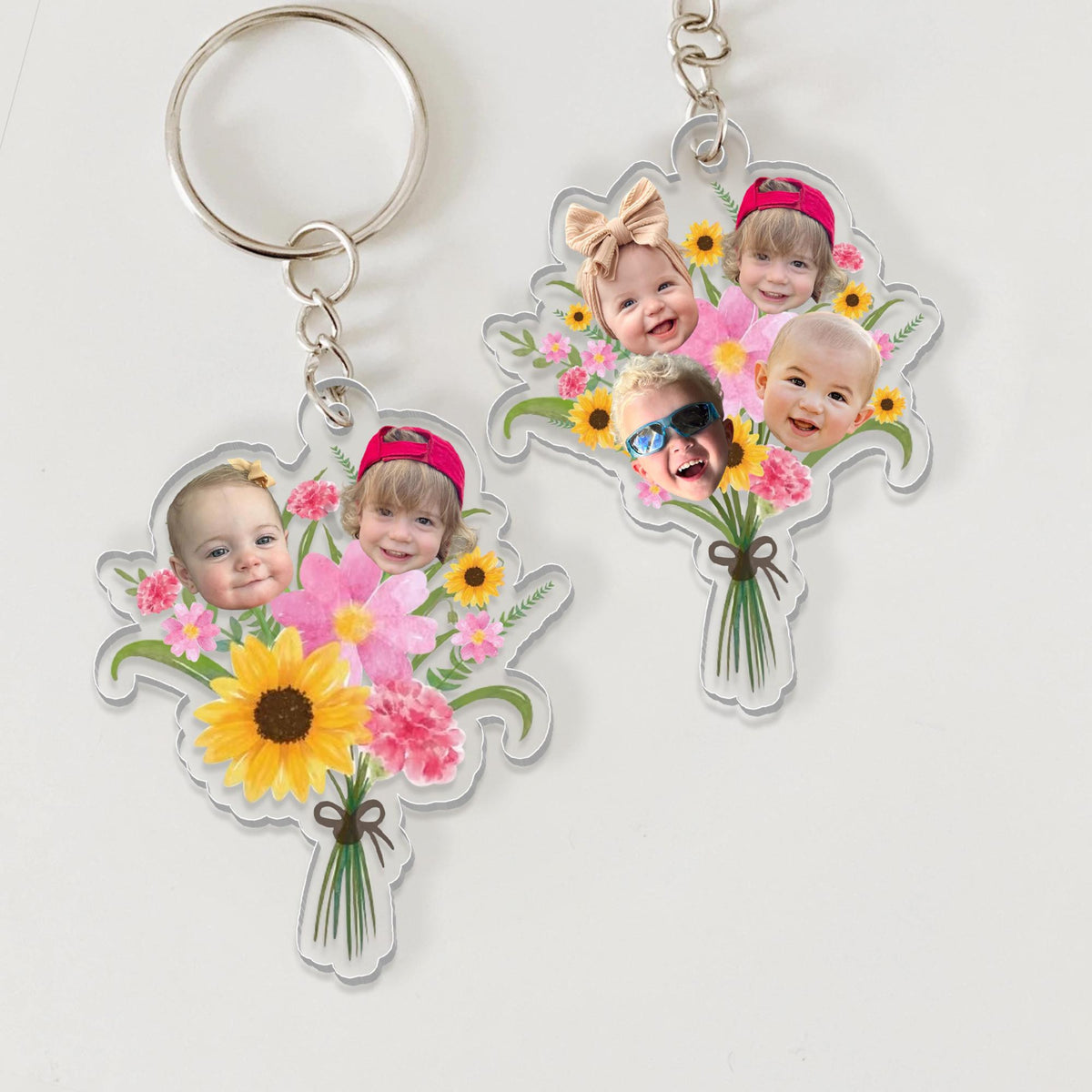 Personalized Gift For Mom Grandma, Custom Kids Face Flower Bouquet Keychain, Grandma Keychain Gift, Baby Face Keychain