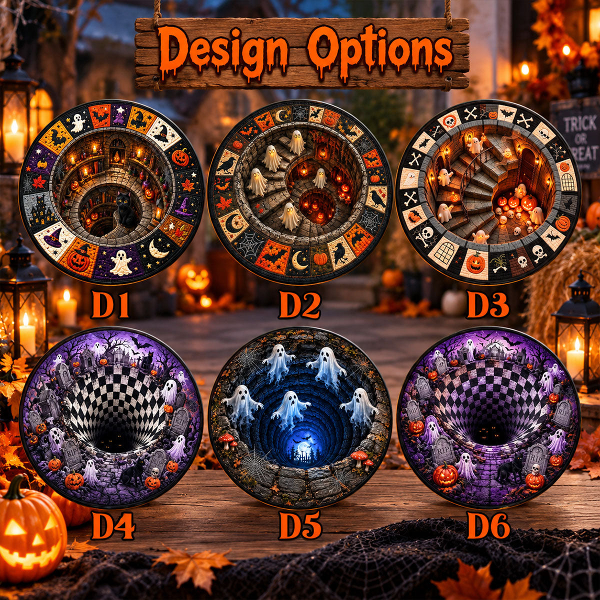 Halloween Round Quilted Rug, 3D Spooky Dungeon Illusion Rug, Ghost and Pumpkin Rug
