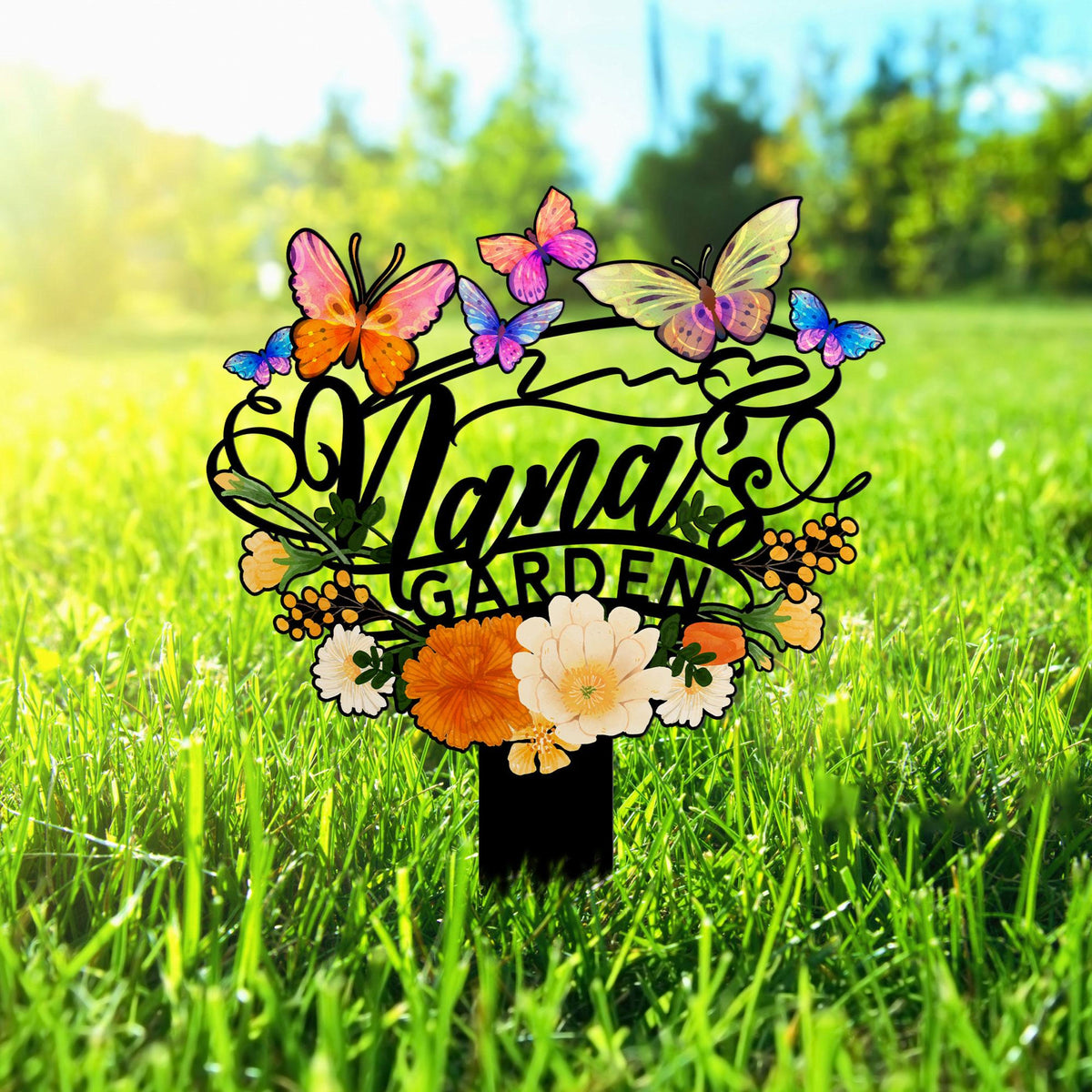 Personalized Garden Stake, Nana's Garden Sign with Butterflies and Flowers, Outdoor Metal Sign, Mother's Day Gift, Nana's Blessings With Butterflies