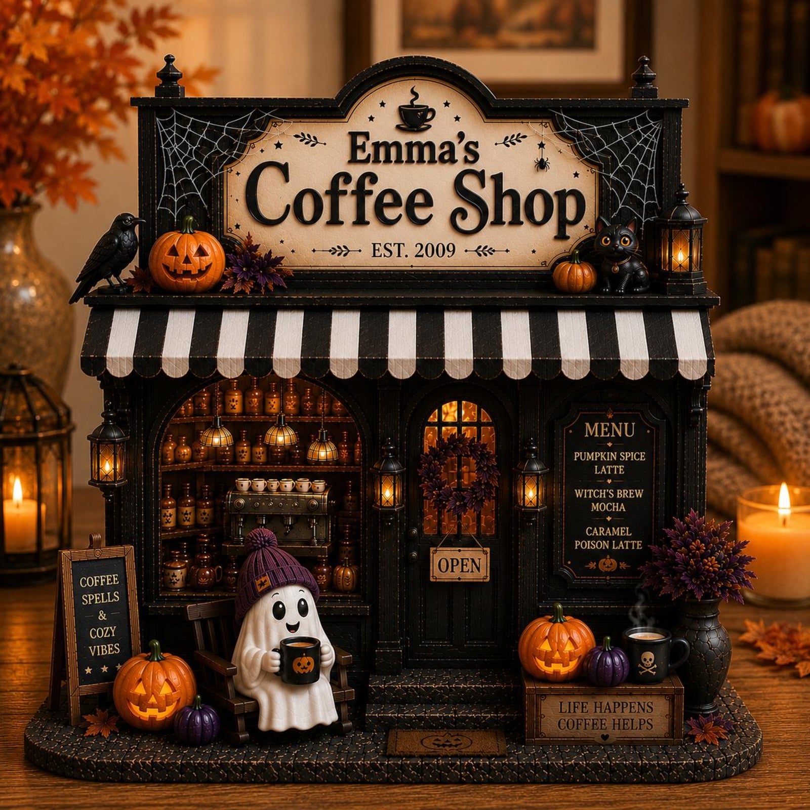 Personalized Ghost Coffee Shop Wood Sign, Spooky Cafe Bar Halloween Shelf Display, Miniature Coffee Decor, Halloween Gift For Coffee Lover 7a02b54b-e47a-410c-97f4-695a635403f4-1.jpg