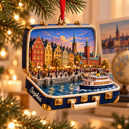 Personalized 3D Stockholm Suitcase Christmas Ornament – Stockholm Sweden Travel Souvenir & Gift for Stockholm Lovers 7a096f00-750a-49f0-893d-e82fd7a44e15-Stockholm-suitcase-ornament-on-a-fir-branch-1.png