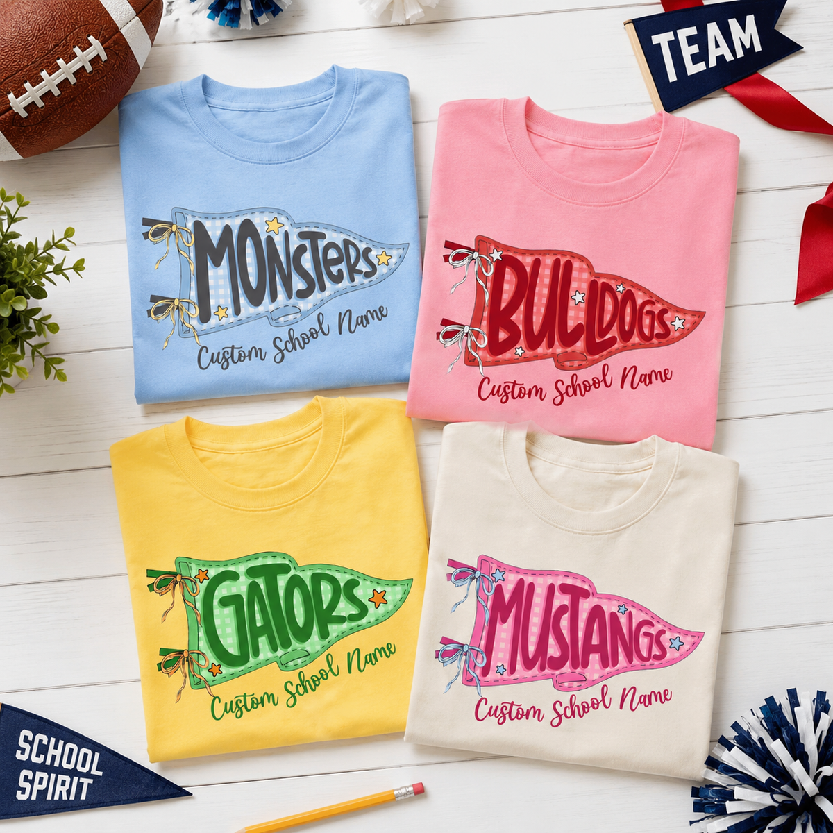 Custom School Spirit Flag Mascot Shirt, Personalized Coquette Bow Pennant Tee, Gingham School Spirit Game Day Shirt, Cute Team Spirit Gift 7a6f3c26-c870-4b0b-a3fa-5e9154b7dead-banner-1.png