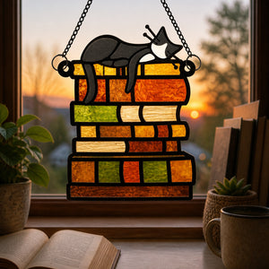 Cat Nap on Books Stained Glass Suncatcher - Suncatcher Stained Glass 7a932f00-3ba1-45bb-af2c-50827f93825d.jpg