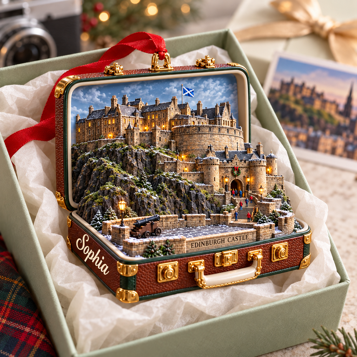 Personalized 3D Edinburgh Castle Suitcase Christmas Ornament – Edinburgh Scotland Travel Souvenir & Gift for Edinburgh Lovers 7a9e14ee-9179-4729-a079-71a396807375-Edinburgh-Castle-ornament-in-a-gift-box-3.png