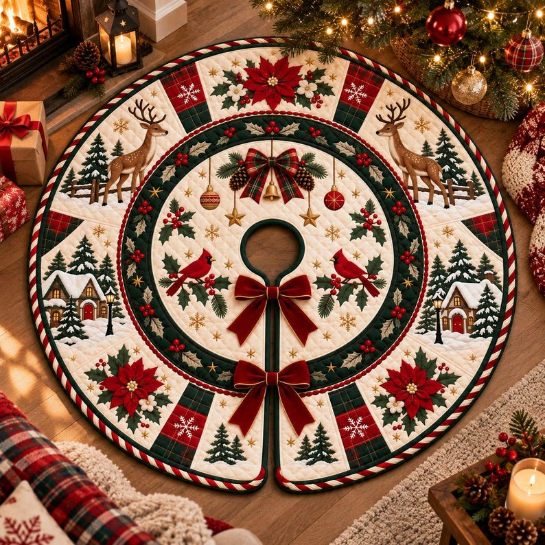 Quilted Christmas Tree Skirt, Reindeer Cardinal Tree Skirt, Poinsettia Winter Decor, Red Green Plaid Rustic Holiday Tree Mat 7aa8e756-d69b-46be-9cc0-d026782b72f9-r2.png