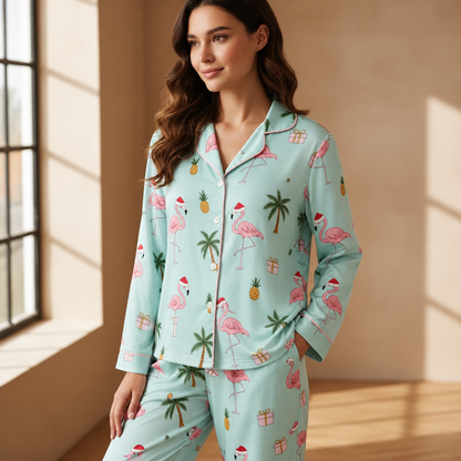 Tropical Flamingo Christmas Satin Pajamas Set, Palm Tree Holiday PJs, Beach Christmas Loungewear, Matching Family Xmas Sleepwear 7b0336c8-4773-468a-a71d-9f4562ea5b71-B-ng-mint-h-a-ti-t-Noel-3.png