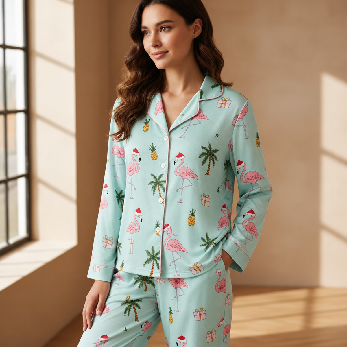 Tropical Flamingo Christmas Satin Pajamas Set, Palm Tree Holiday PJs, Beach Christmas Loungewear, Matching Family Xmas Sleepwear 7b0336c8-4773-468a-a71d-9f4562ea5b71-B-ng-mint-h-a-ti-t-Noel-3.png