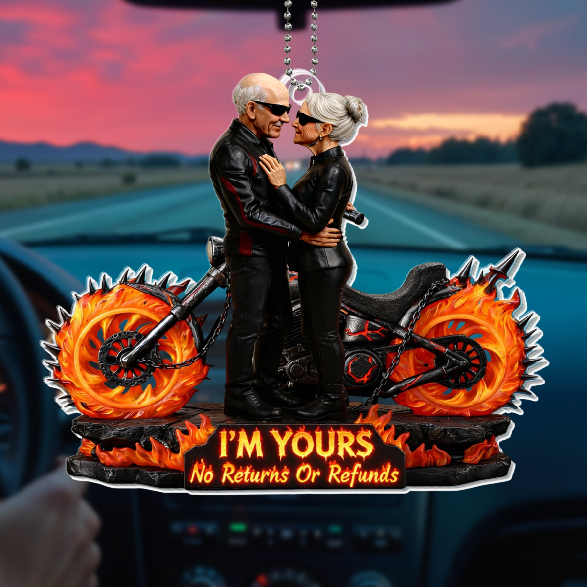 I'm Yours No Returns Or Refunds, Motorcycle And Flames, Car Hanging Ornament, Gift For Couples