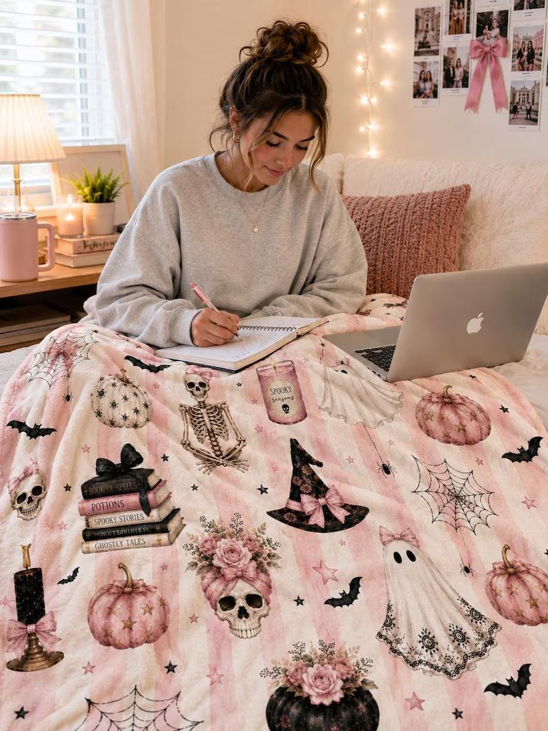 Pink Halloween Blanket, Cute Ghost Throw Blanket, Teen Girl Halloween Gift, College Dorm Blanket, Halloween Blanket For Teen Girl, Cozy Gift 7ba9852f-308b-457f-9bfb-a9c2bd6879c6-rhju-2-.jpg
