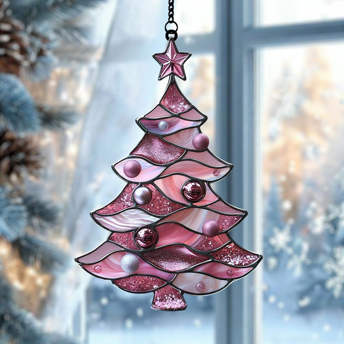 Rose Pink Christmas Tree Acrylic Suncatcher, 2D Faux Stained Glass Ornament, Sparkle Holiday Window Hanging Decor 7bc19f33-6fed-4f83-b482-ccab5368accc-h5.jpg