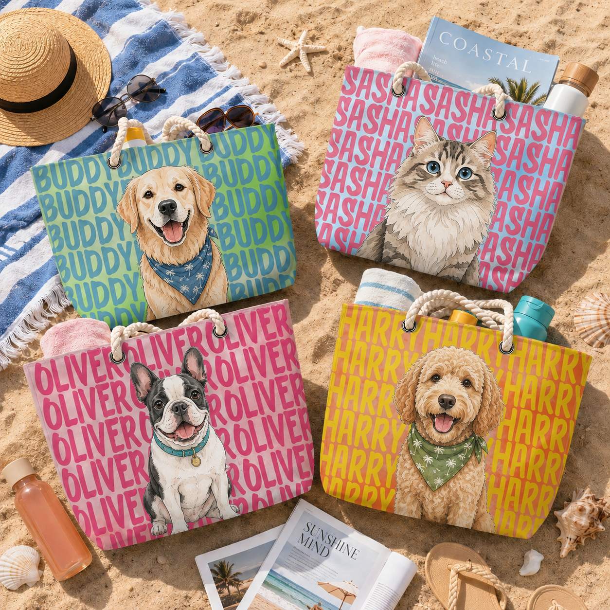 Custom Pet Portrait & Name Watercolor Style - Personalized Beach Bag - Summer Gift FOr Dog, Cat Lover 7bec7d55-b9f6-45c4-a136-f21bcf339770-banner-1.png