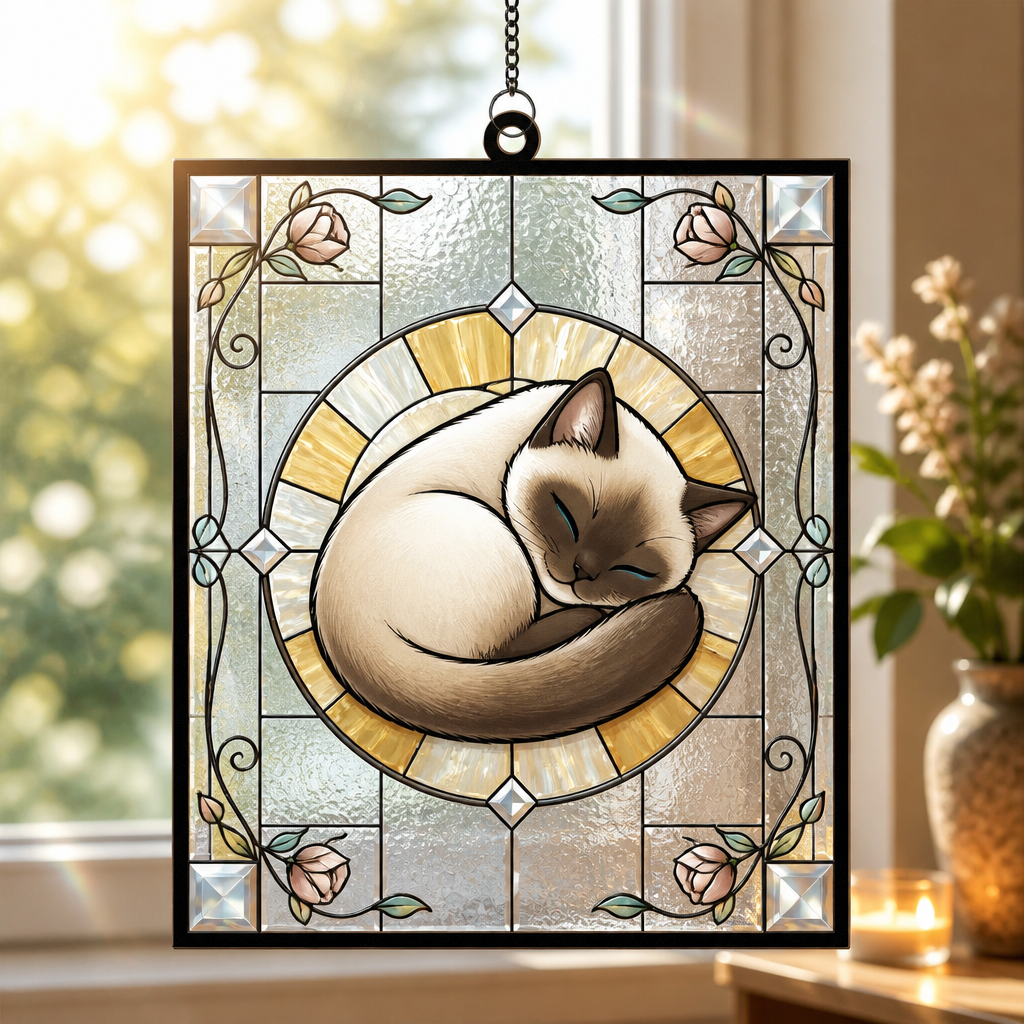 Curled Cat Art Nouveau Stained-Glass Suncatcher - Rectangle Stained Glass Suncatcher (PW) 7bf8893e-256d-494c-9812-d1c5a5b9a6d5.png