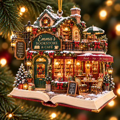 Personalized Bookstore & Café Christmas Ornament – Custom Name 2D Flat Acrylic Ornament, Cozy Coffee & Book Lover Gift 7c26e700-4da0-4771-9bb2-aae8b6d1d7a3-Emma-s-Christmas-Bookstore-Caf-Ornament.png