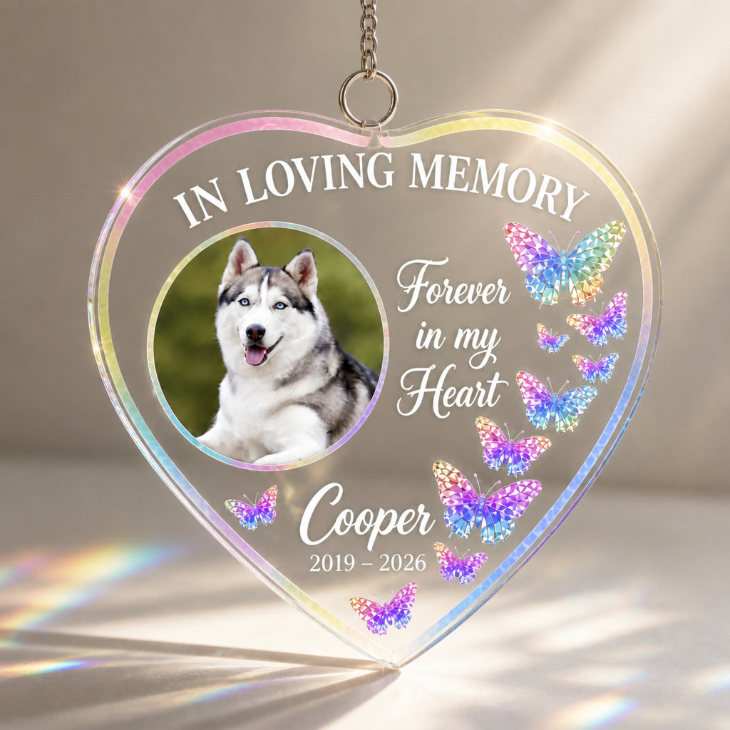 Pet Memorial Heart Suncatcher — In Loving Memory • Forever in My Heart (Photo, Name, Years) - Personalized Suncatcher Ornament 7cbc30dc-4dda-4a38-afb5-9255446de52a.jpg