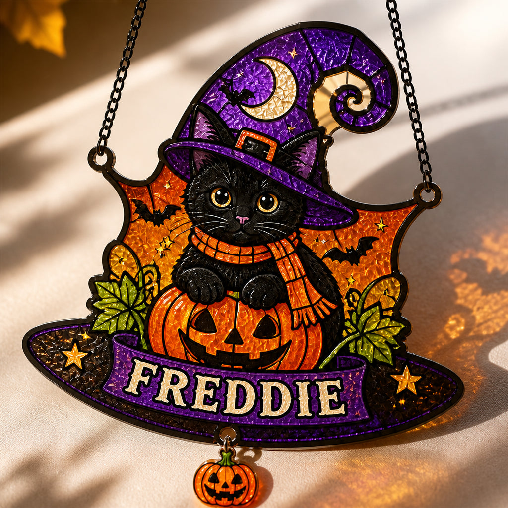 Personalized Halloween Witch-Hat Cat Doormat (Custom Shape) - Personalized 1 Layered Suncatcher with Charm 7d16b61c-f6a3-4213-a8dc-28ce86615f87.jpg