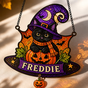 Personalized Halloween Witch-Hat Cat Doormat (Custom Shape) - Personalized 1 Layered Suncatcher with Charm 7d16b61c-f6a3-4213-a8dc-28ce86615f87.jpg