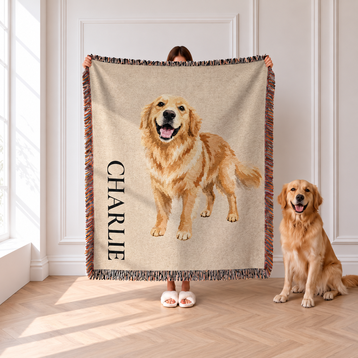 Custom Dog Portrait Woven Blanket, Personalized Pet Photo Tapestry Throw, Custom Dog Dad Gift, Pet Gift 7d7840f9-a99e-4da4-8fe7-baaee80b11b6-T-m-ch-n-Charlie-v-ch-ch-v-ng.png