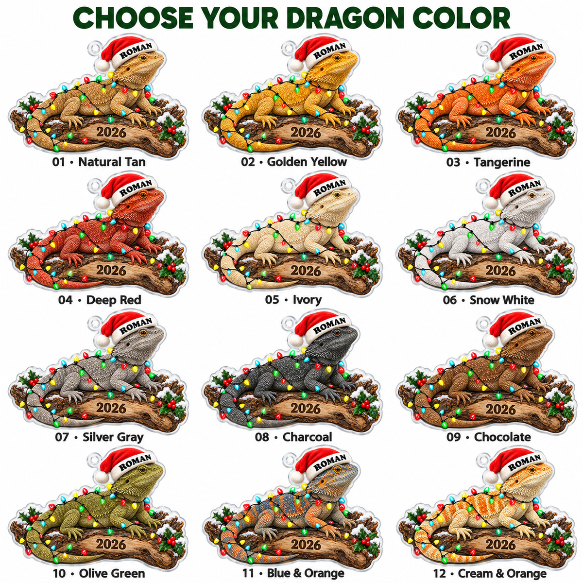 Personalized Bearded Dragon Christmas Ornament – Custom Name & Year, Santa Hat Lizard Keepsake, Christmas Gift for Reptile Lovers 7dce2131-bfec-4afb-8020-196cf946253a-Bearded-Dragon-Ornament-Color-Options.png