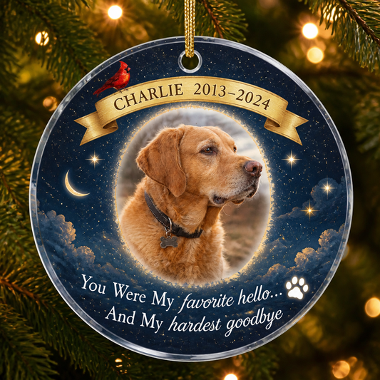 Favorite Hello Hardest Goodbye — Pet Memorial Photo Ornament - Personalized Transparent Acrylic Ornament 7e189108-b435-4e3c-894e-eecfe267ac34.png