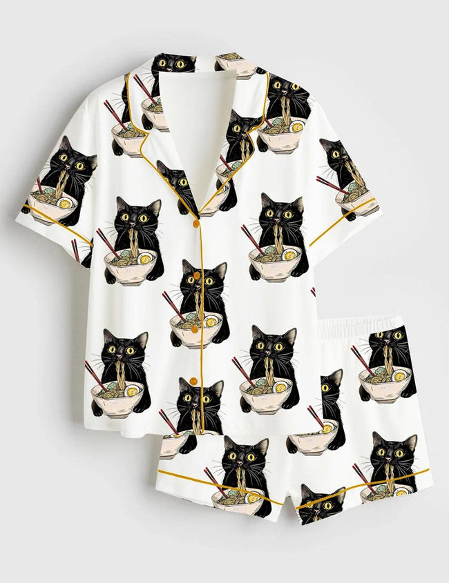 Women's Noodle Cat Short Sleeve Satin Pajama Set, Sleepwear, Cute Funny Noodle Cat Print PJs, Kawaii Summer Lounge Set for Her 7e4a0115-f9c1-4836-82f5-6b744fa0e160-il_1588xN.7184982581_d4c8.jpg