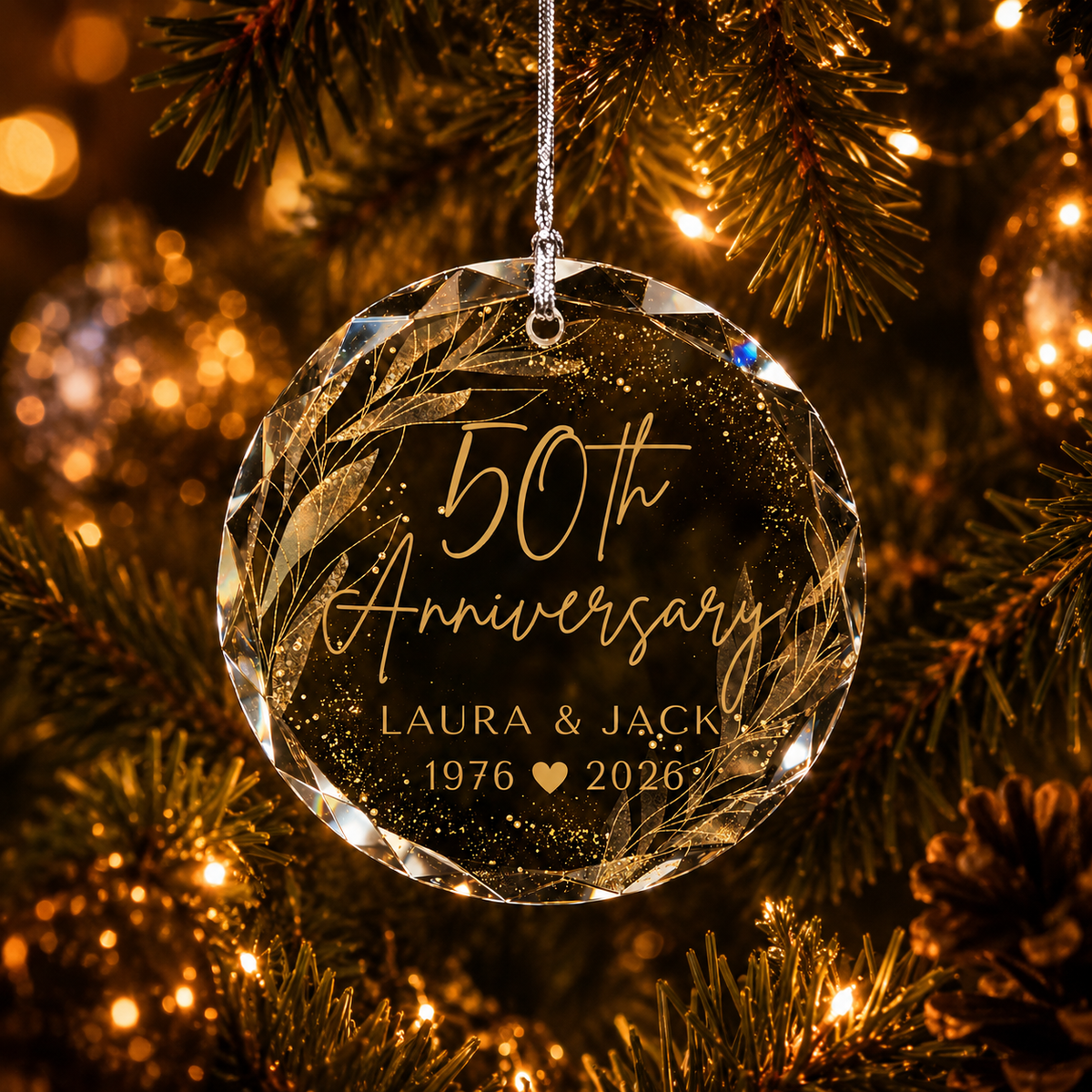 50th Anniversary Glass Ornament, Golden Anniversary Keepsake Personalized Couple Names & Date 50 Years Married
