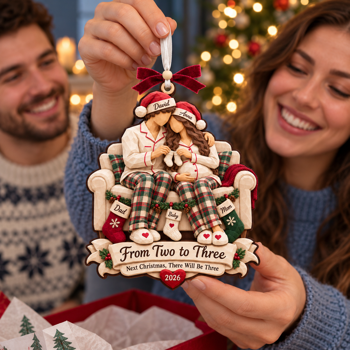 Personalized Pregnancy Announcement Christmas Ornament 2026 – From Two to Three, Custom Couple Names, Expecting Parents Gift 7ea52de9-f0b2-4f59-885c-8e02f6de074f-From-Two-to-Three-Christmas-Ornament-2.png