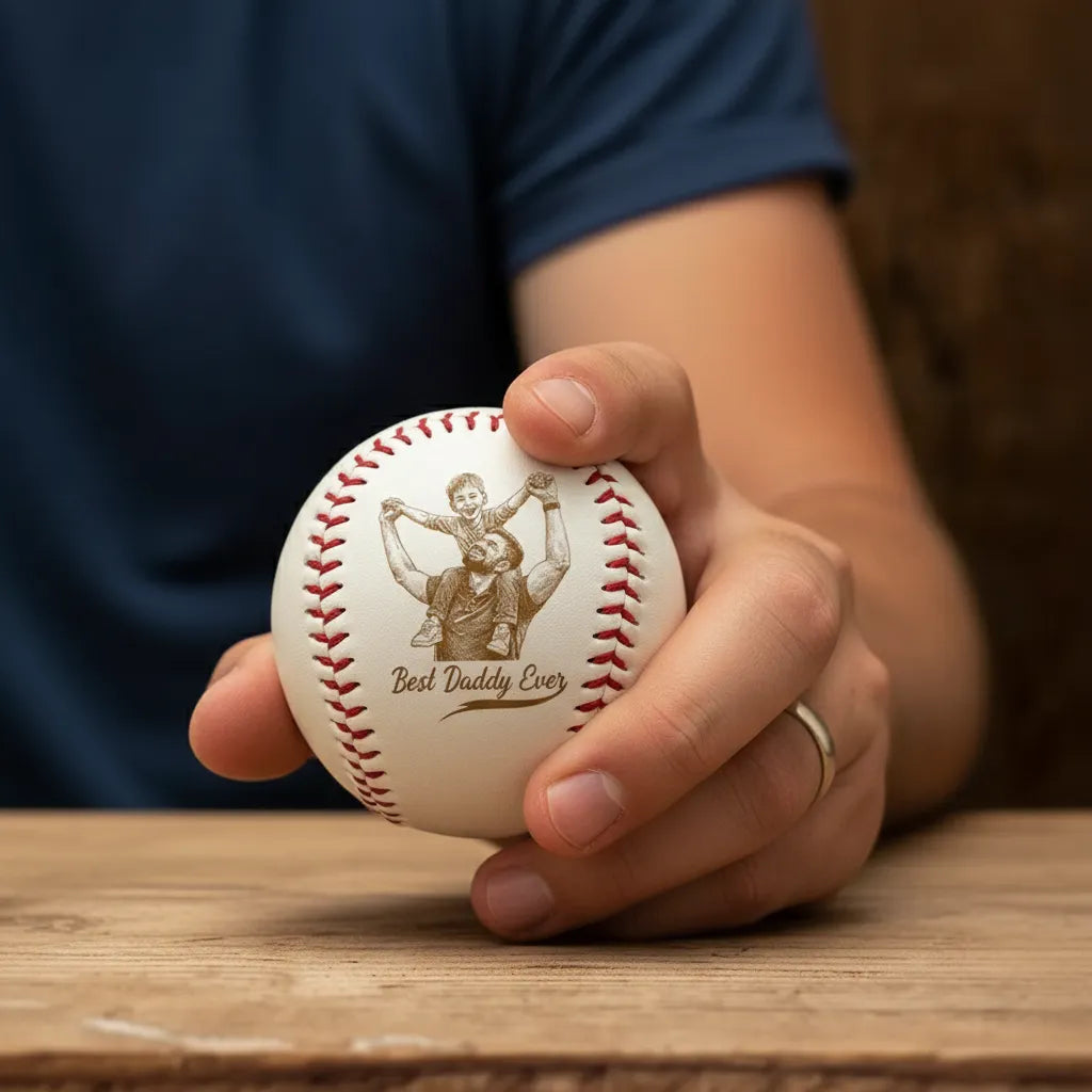 Custom Photo Pencil Drawing Engraved Best Dad Grandpa Ever - Personalized Baseball, Softball