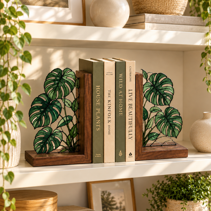 Monstera Stained Glass Bookends, Walnut Wood Botanical Book Decor, Tropical Plant Bookshelf Accent, Book Lover Gift, Housewarming Gift 7f4cc144-df58-49b9-be26-49b0ce6a9a4c-Walnut-monstera-bookends-in-warm-sunlight-1-.png
