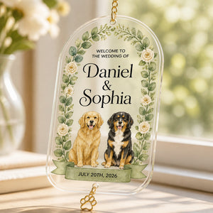 Personalized Wedding Welcome Flag with Pets — Names & Date - Personalized 1 Layered Suncatcher with Charm 7f812c26-4513-4761-aa39-9d90ef215bc0.jpg