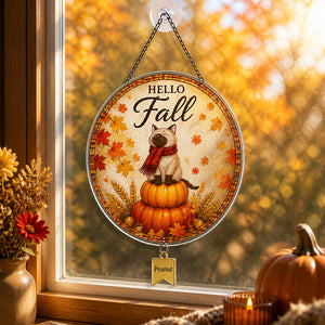 Hello Fall Cat Garden Flag — Personalized Pet Name - Personalized 1 Layered Suncatcher with Charm 7fb704b9-a697-4252-849f-c89f2bb25a2f.jpg