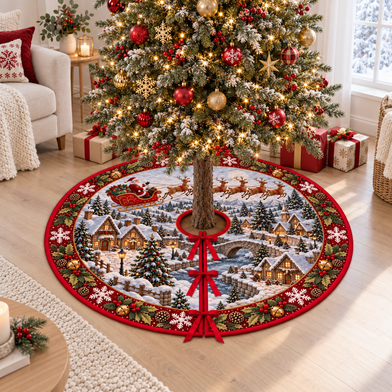 Quilted Christmas Tree Skirt, Santa Sleigh Reindeer Tree Mat, Winter Village Tree Skirt, Vintage Red Xmas Holiday Tree Base Decor, Gift 7fc710e2-bf7f-45fa-afed-ed5e75cc97f2-banner-1.png