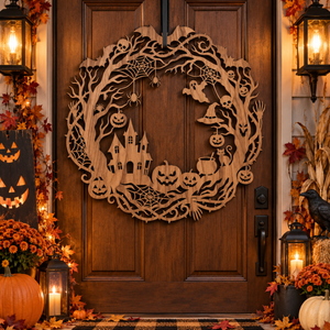 Haunted Hollow Halloween Wood Sign – Spooky Wood Sign Haunted House Wreath with Ghosts, Pumpkins & Bats, Gothic Front Door Decor 7fdc7d4a-0dd0-4e93-ac3b-1eec1b40a257-7.png