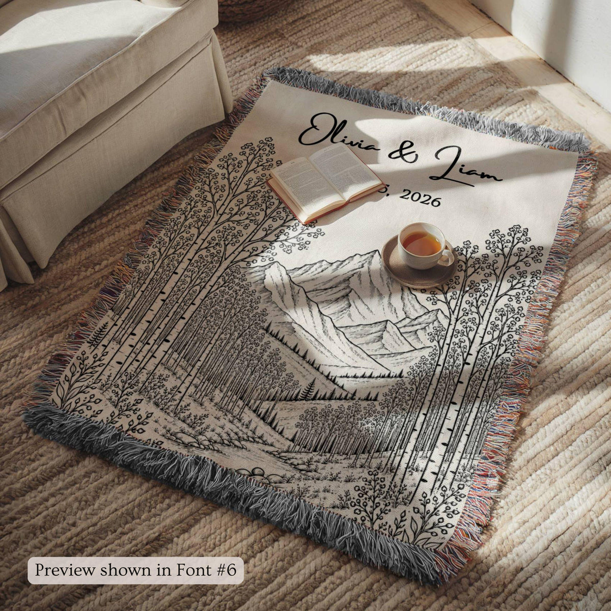 Personalized Mountain Woven Blanket, Custom Couple Name Date Throw, Forest Wedding Gift, Cotton Anniversary Gift for Couples Nature Lovers 7feea95b-7cde-4393-86d2-750495120562-5.jpg