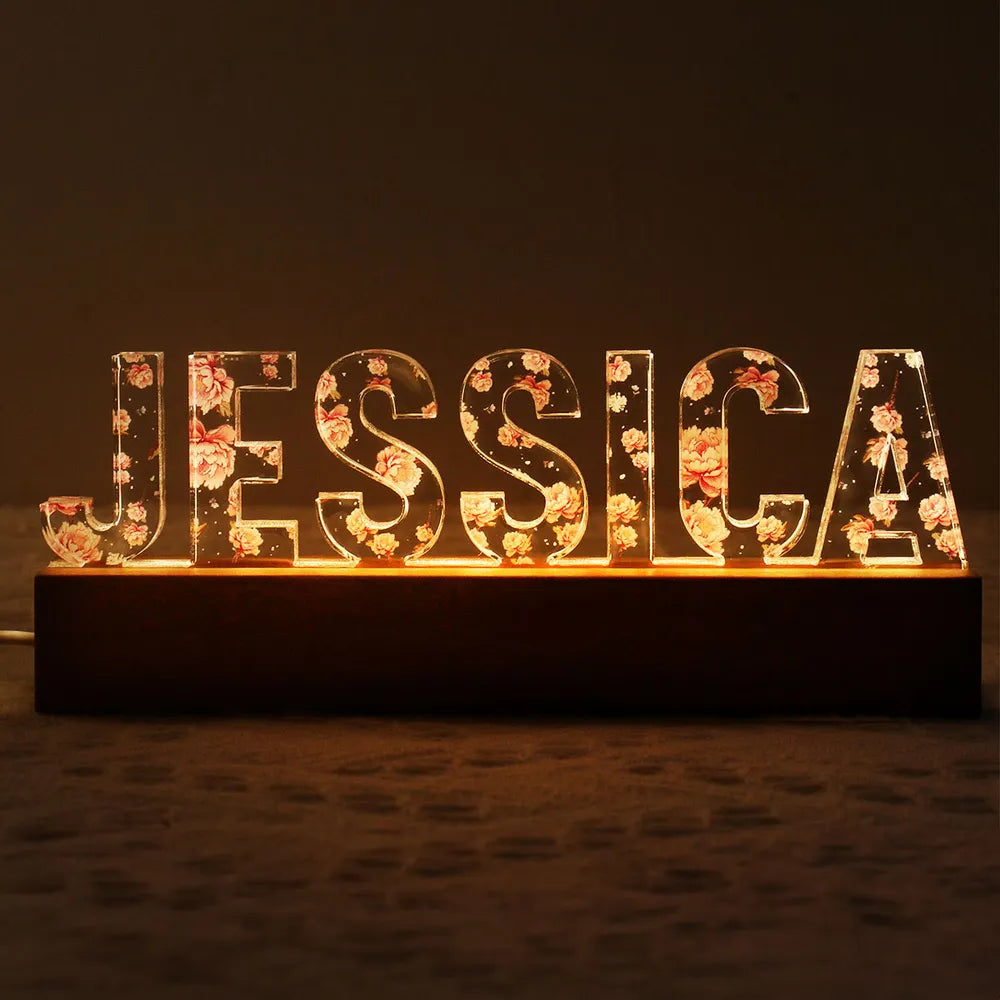 Custom Flower Printed LED Night Light, Birth Month Flower, Custom Name, Gift For Her