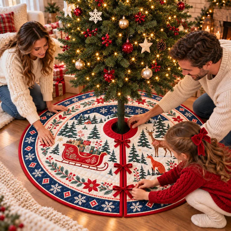 Scandinavian Red Sleigh Quilt Christmas Tree Skirt, Nordic Folk Art Gifts Deer Fox and Pine Forest Festive Holiday Tree Base Decor 806bc09f-9b95-442c-92e9-60fd2c328fee-gfrtt-2-.webp