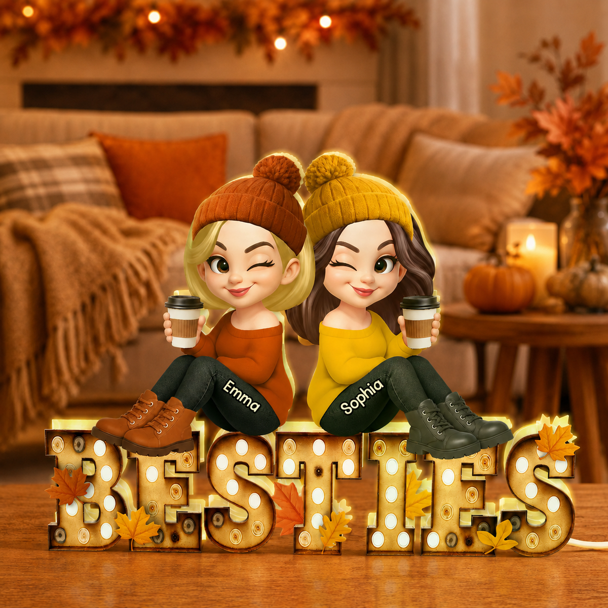Fall Besties Sitting On Text Marquee Effect Personalized Light Box, Meaningful Gift For Best Friends