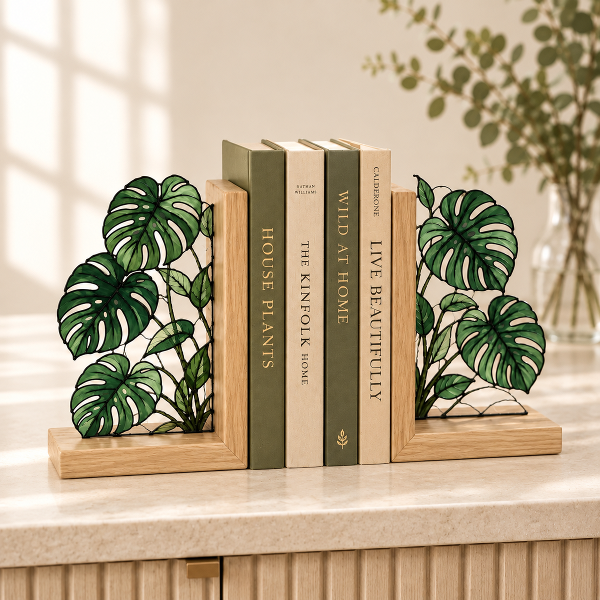 Monstera Stained Glass Bookends, Walnut Wood Botanical Book Decor, Tropical Plant Bookshelf Accent, Book Lover Gift, Housewarming Gift 80e86529-2ed7-46ab-8dad-38c2663d91c0-Green-monstera-bookends-in-natural-oak-2.png