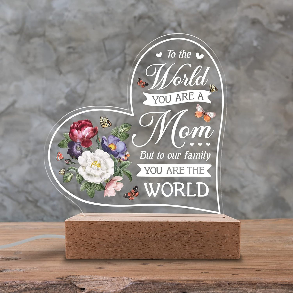 Acrylic Night Light Gift for Mother - to Our Family You are The World - Acrylic Light Gift for Mom from Son, Daughter on Mothers Day - Birthday Gifts to Mom
