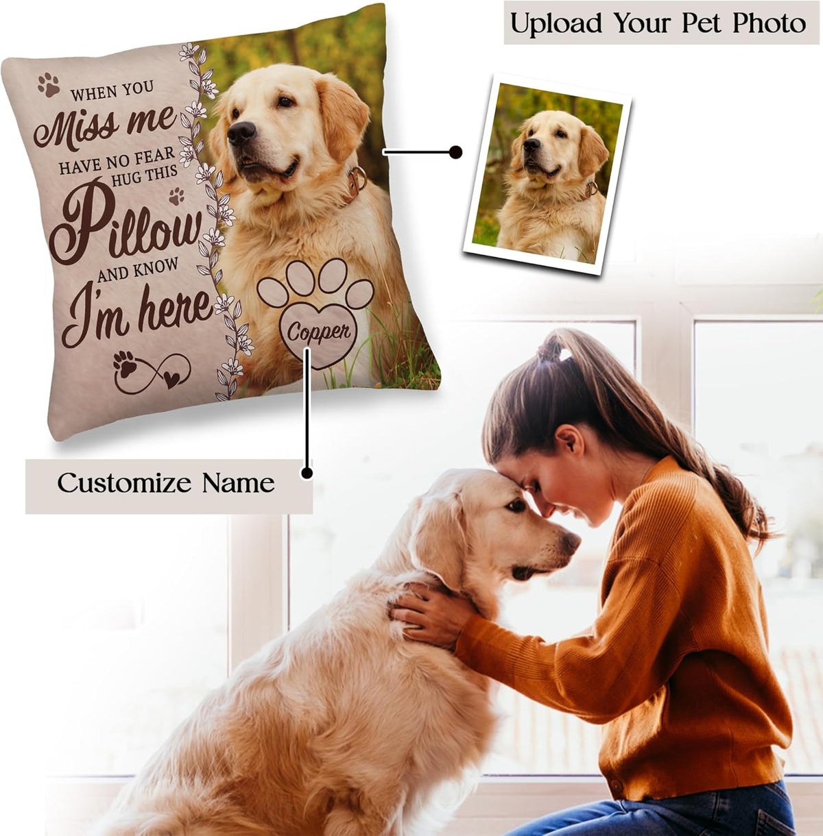 Personalized Pet Memorial Pillow with Photo, Dog Memorial Gifts for Loss of Dogs Cats, Pet Photo Gifts for Dog Lovers, in Memory of Pet, Loss of Dog Sympathy Gift, Dog Bereavement Gift