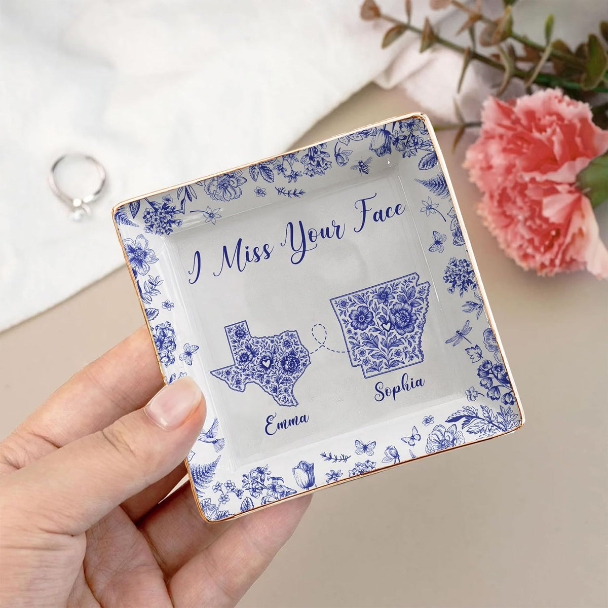 Personalized Jewelry Dish Long Distance Relationship I Miss You Toile De Jouy Custom States