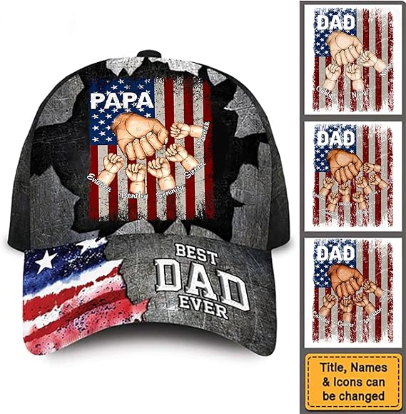 Fist Bump Flag Best Dad Ever Cap - Personalized Men Cap Gifts for Father's Day, Birthday Gift for Dad Grandpa Papa, Best Dad Ever Hat Custom Nickname and Kid's Names