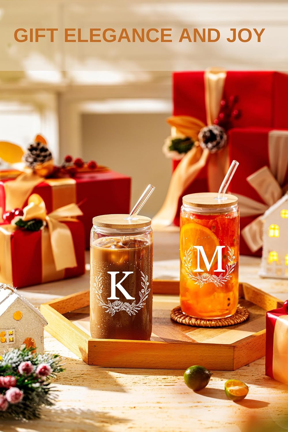 Personalized Gifts for Women, Monogrammed 16oz 11oz 20oz Glass Cups with Bamboo Lids and Straws, Customized Glass Tumbler, Customizable Initial Iced Coffee Glasses, Birthday Bridesmaid Mom