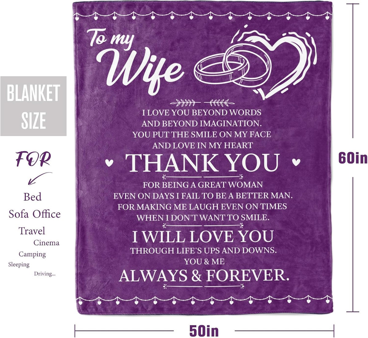 Wedding Anniversary Custom Blanket Romantic Birthday Gifts for Wife Women from Husband, Wife Birthday Gift Ideas, Purple Pink Navy Hot Pink Throw Blanket for Couch