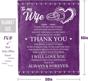 Wedding Anniversary Custom Blanket Romantic Birthday Gifts for Wife Women from Husband, Wife Birthday Gift Ideas, Purple Pink Navy Hot Pink Throw Blanket for Couch