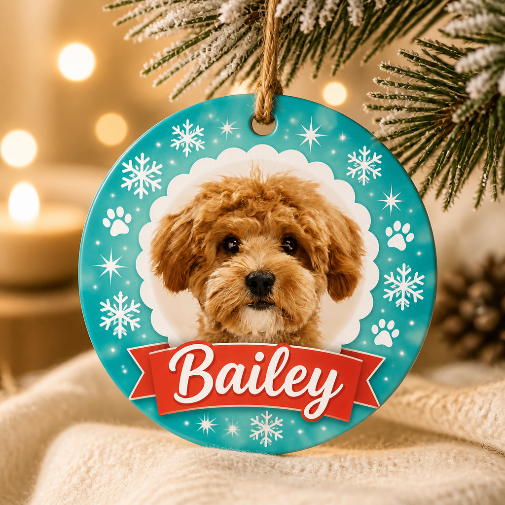 Custom Pet Photo + Name Round Ornament – Teal Snowflake Ribbon - Personalized Aluminum Ornament 810c2234-3e28-44a0-b5e0-ad52192f2399.jpg