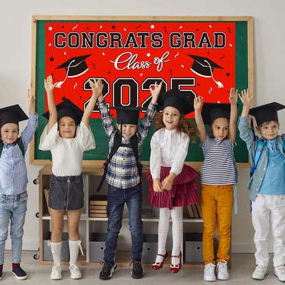 2025 Graduation Party Plastic Backdrop - Congrats Grad Banner in Red, Large Class of 2025 Decorations, Photography & Grad Party Supplies